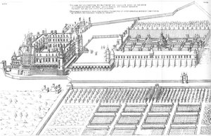 Gravure uit Le premier volume des plus excellents Bastiments de France door Jacques I Androuet du Cerceau. Algemeen lateraal vogelperspectief van het Château de Gaillon